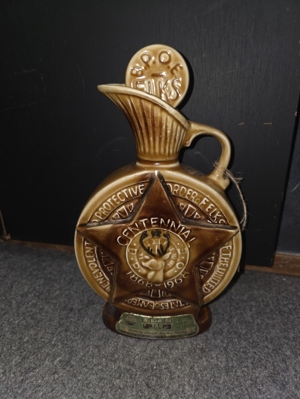 Vintage Jim Beam Elks Centennial 1868-1968 Ceramic Decanter w/ Handle & Cork